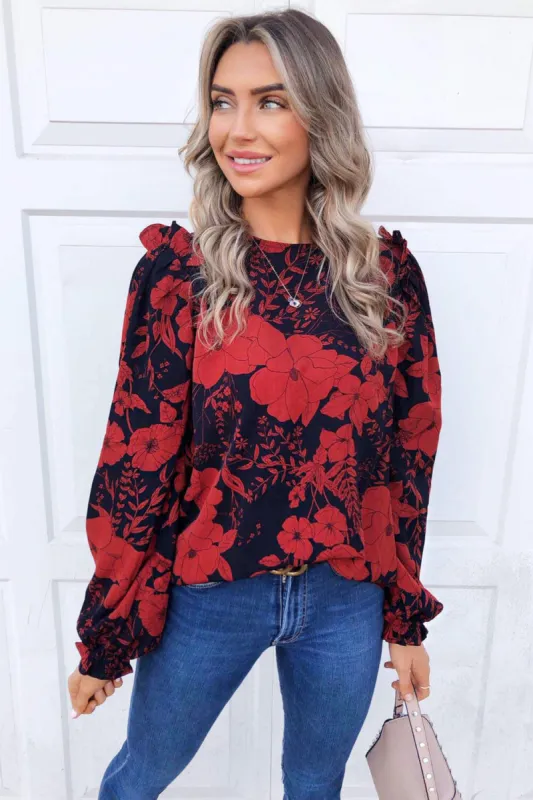 Red Floral Frill Shoulder Blouse sold by AX Paris