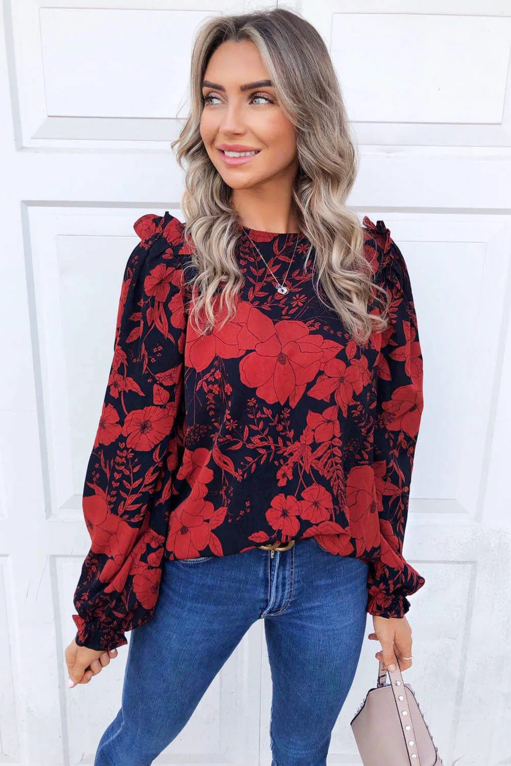 Red Floral Frill Shoulder Blouse sold by AX Paris