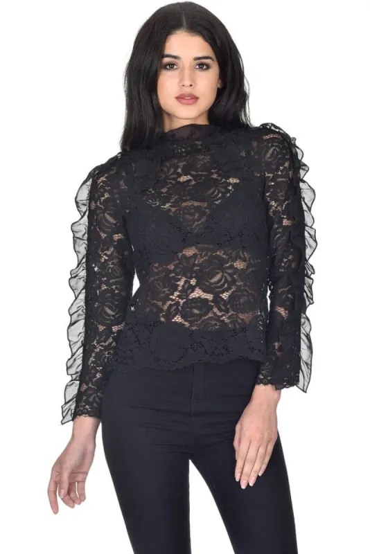 Black High Neck Lace Ruffle Detail Top sold by AX Paris