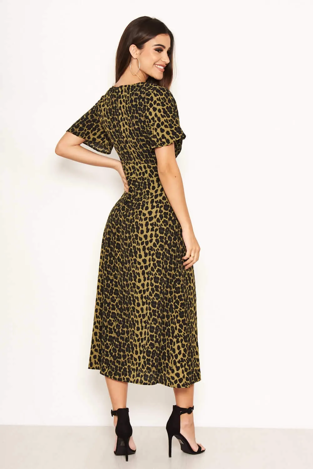 Khaki Leopard Print Wrap Midi Dress sold by AX Paris product image thumbnail 4