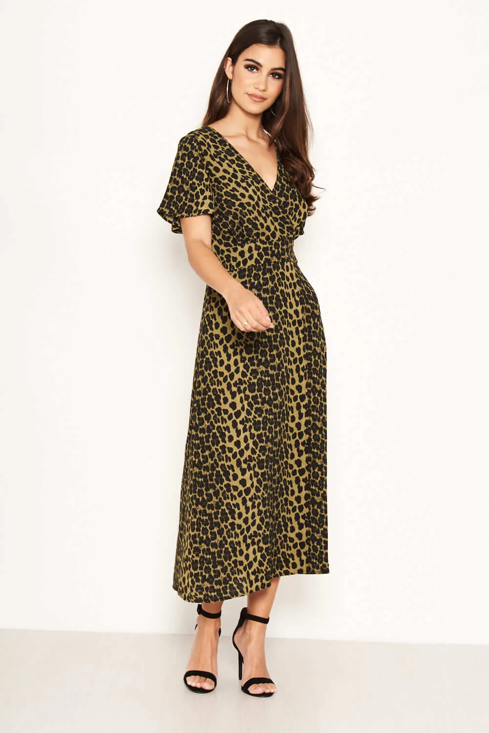 Khaki Leopard Print Wrap Midi Dress sold by AX Paris product image thumbnail 5