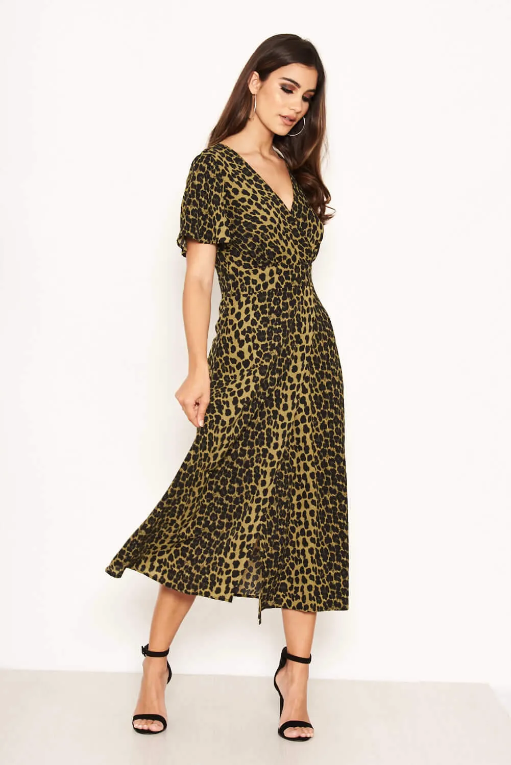 Khaki Leopard Print Wrap Midi Dress sold by AX Paris product image thumbnail 3