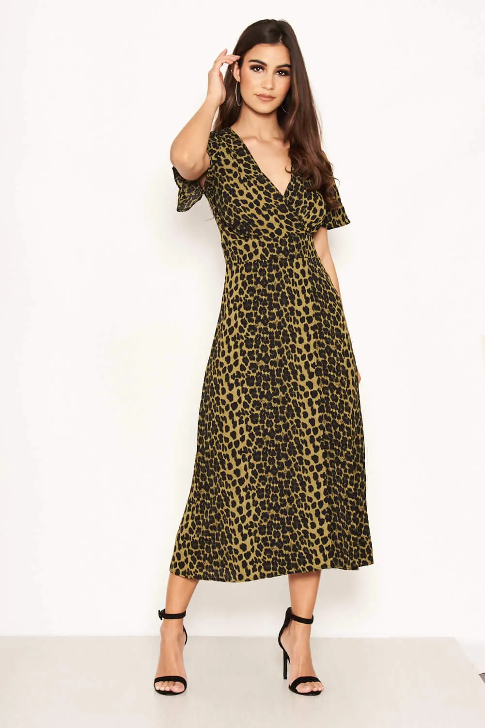 Khaki Leopard Print Wrap Midi Dress sold by AX Paris product image thumbnail 2