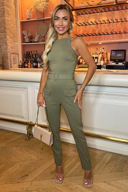 Khaki Belted High Neck Cargo Jumpsuit sold by AX Paris