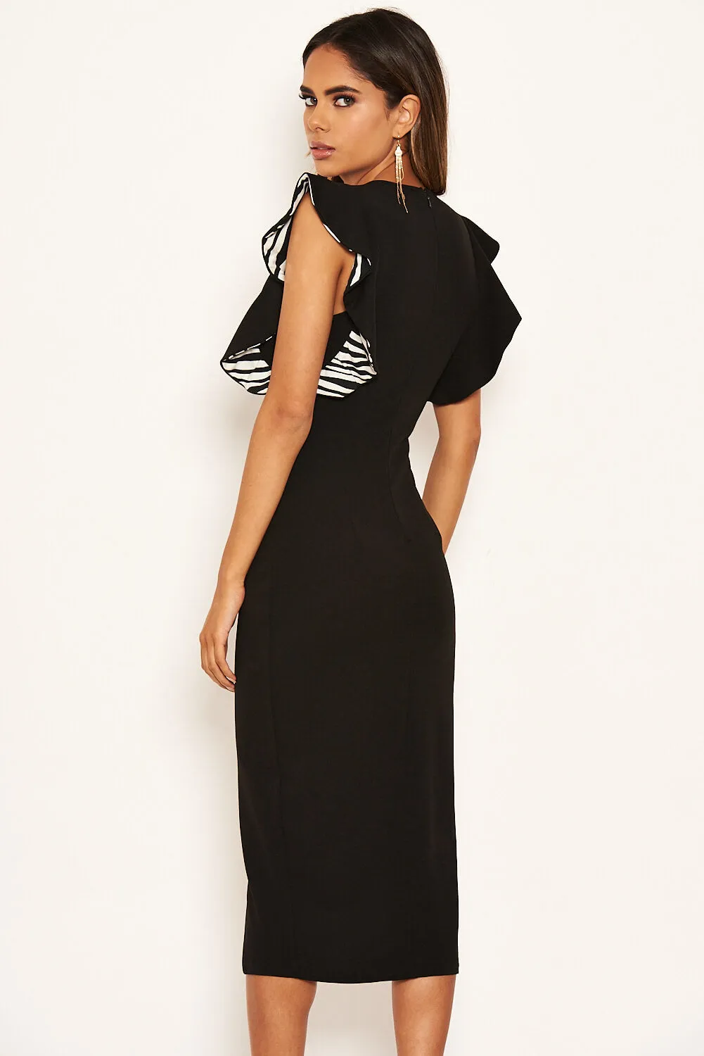 Black Zebra Frill Sleeve Midi Dress sold by AX Paris product image thumbnail 5