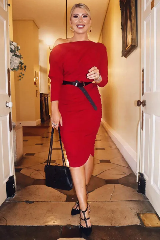 Red Off Shoulder Ruched Dress sold by AX Paris