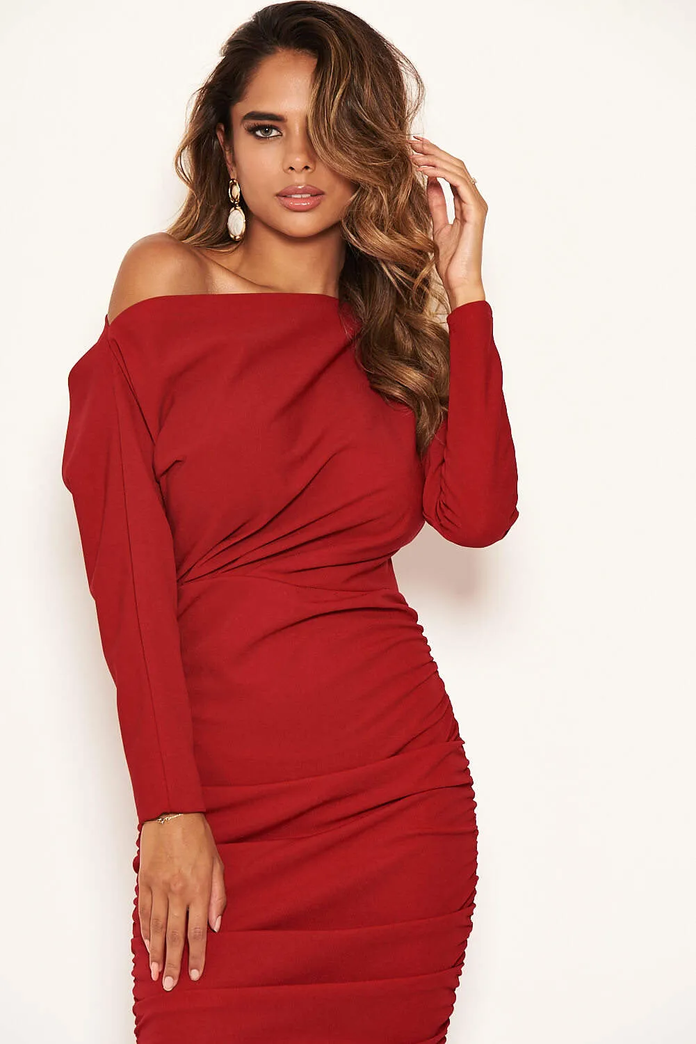 Red Off Shoulder Ruched Dress sold by AX Paris product image thumbnail 5