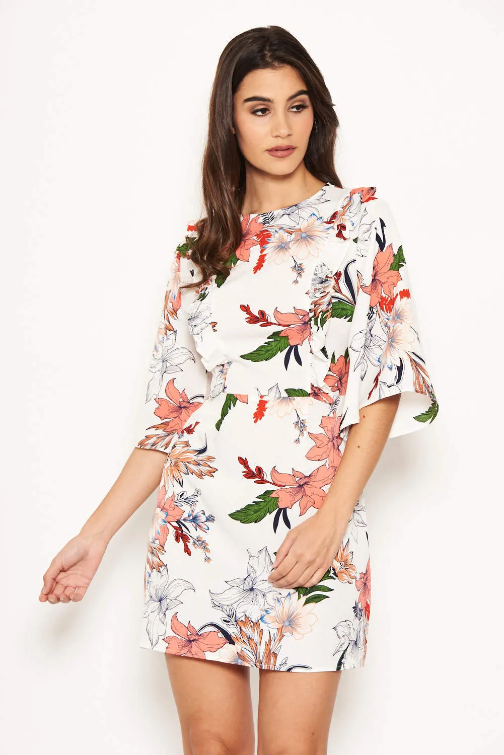 Cream Floral Frill Front Dress sold by AX Paris product image thumbnail 4