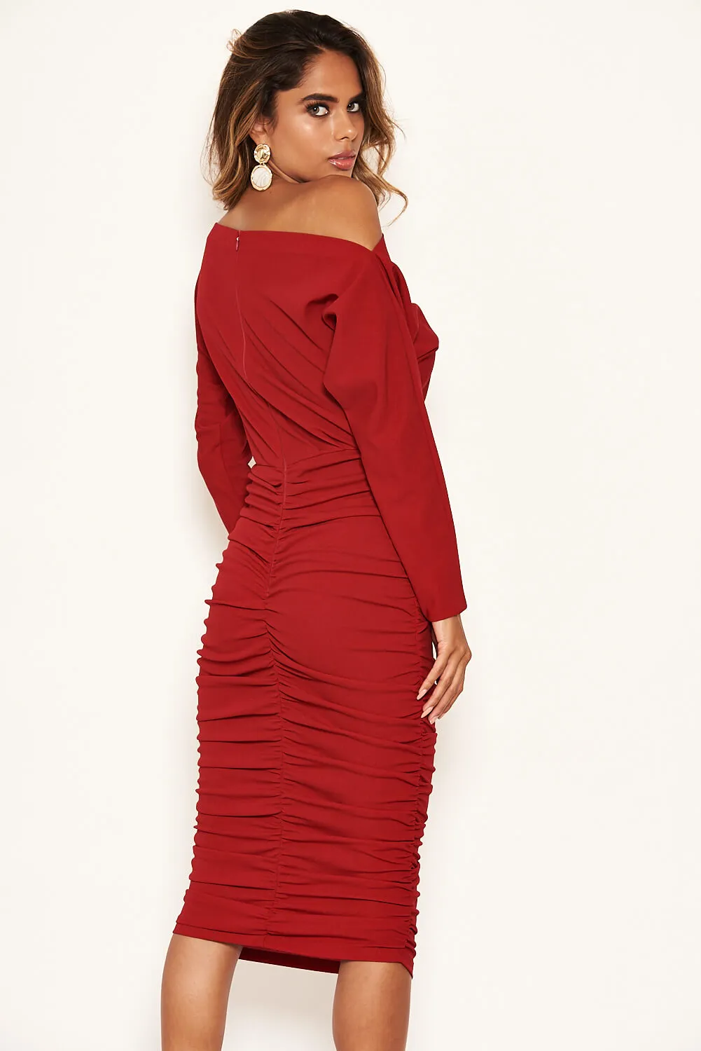 Red Off Shoulder Ruched Dress sold by AX Paris product image thumbnail 3