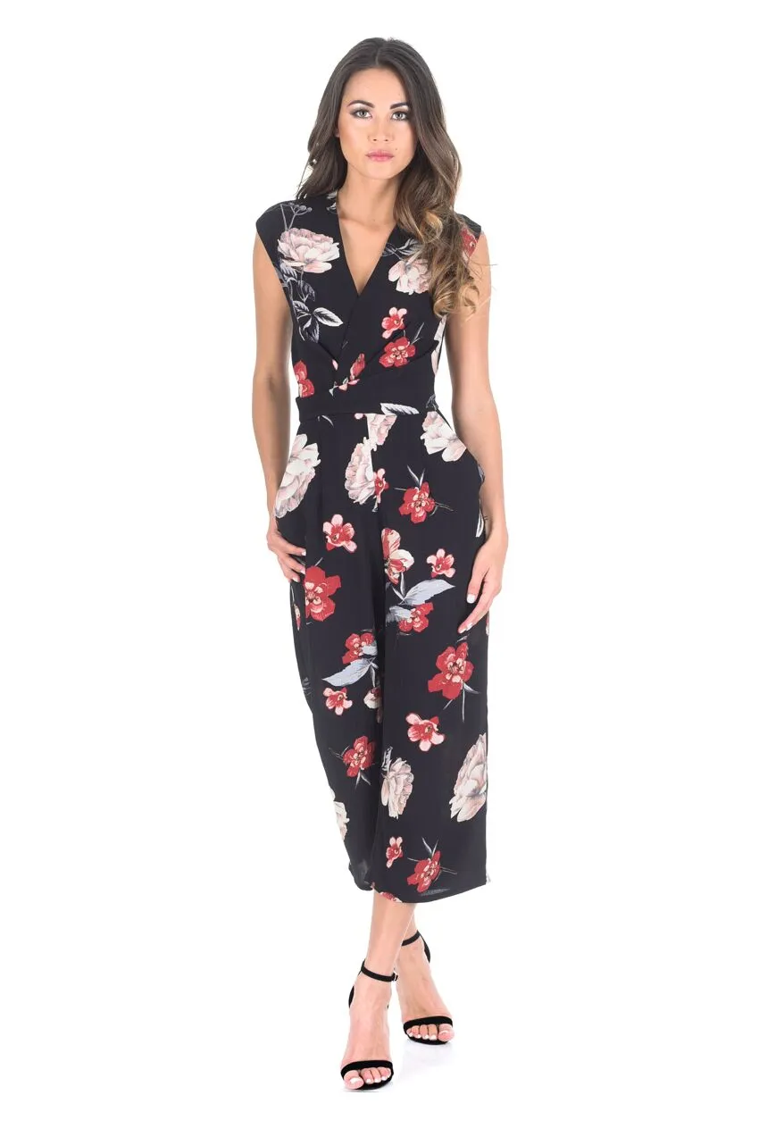 Black Floral Wrap Front Culotte Jumpsuit sold by AX Paris product image thumbnail 2