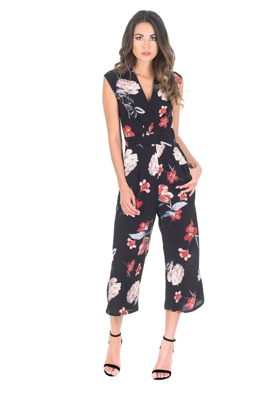 Black Floral Wrap Front Culotte Jumpsuit sold by AX Paris