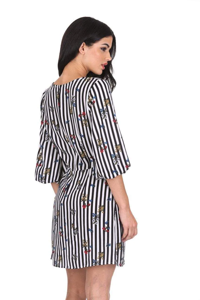 Floral Pinstripe Bell Sleeve Skater Dress sold by AX Paris product image thumbnail 3