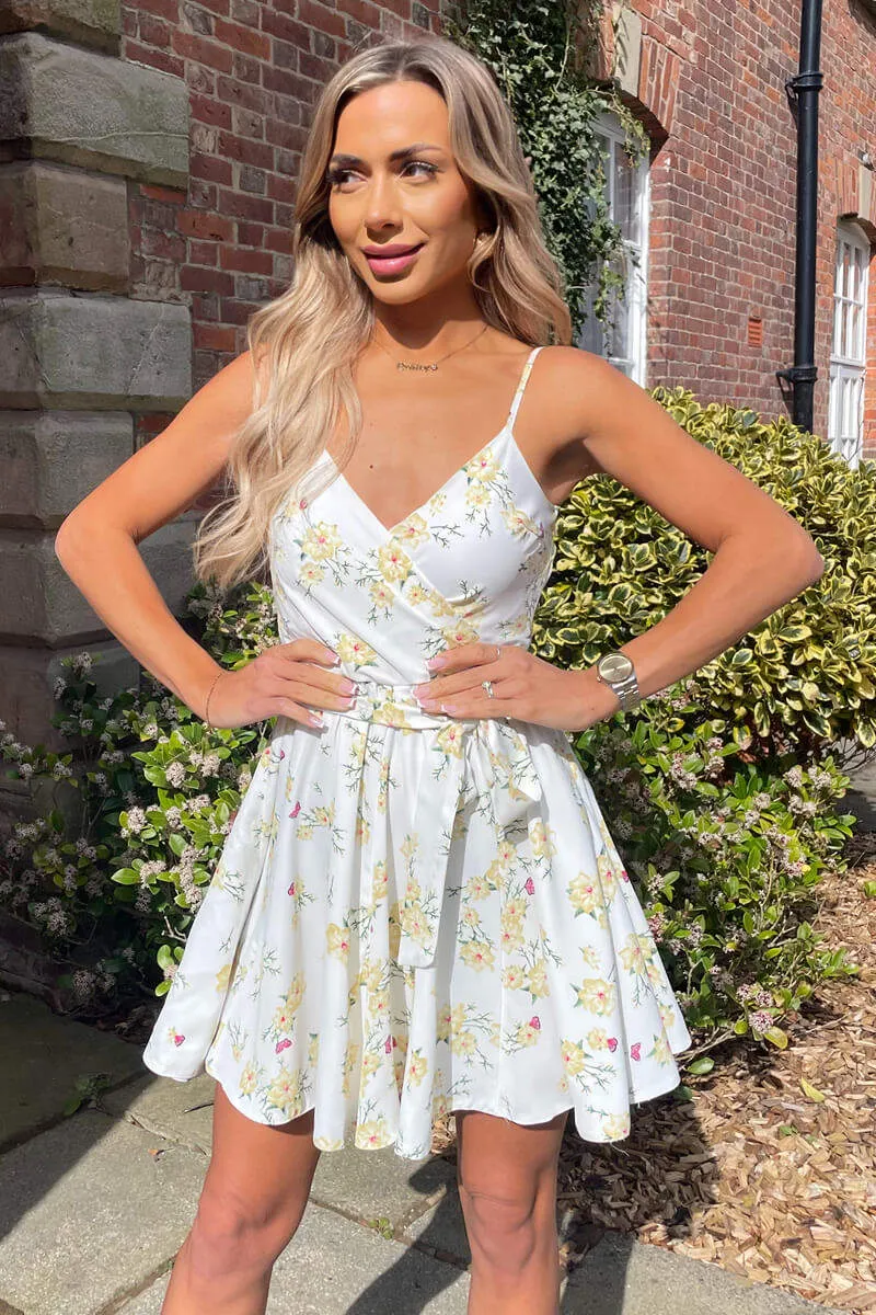 Cream Floral Printed Strappy Wrap Top Belted Mini Dress sold by AX Paris