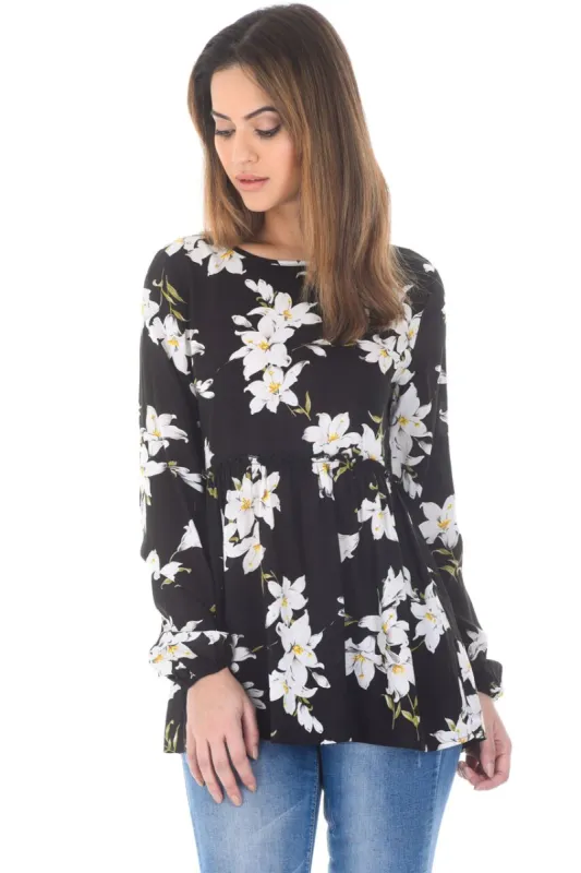 Black Floral Printed Frill Top with Frill Bottom sold by AX Paris