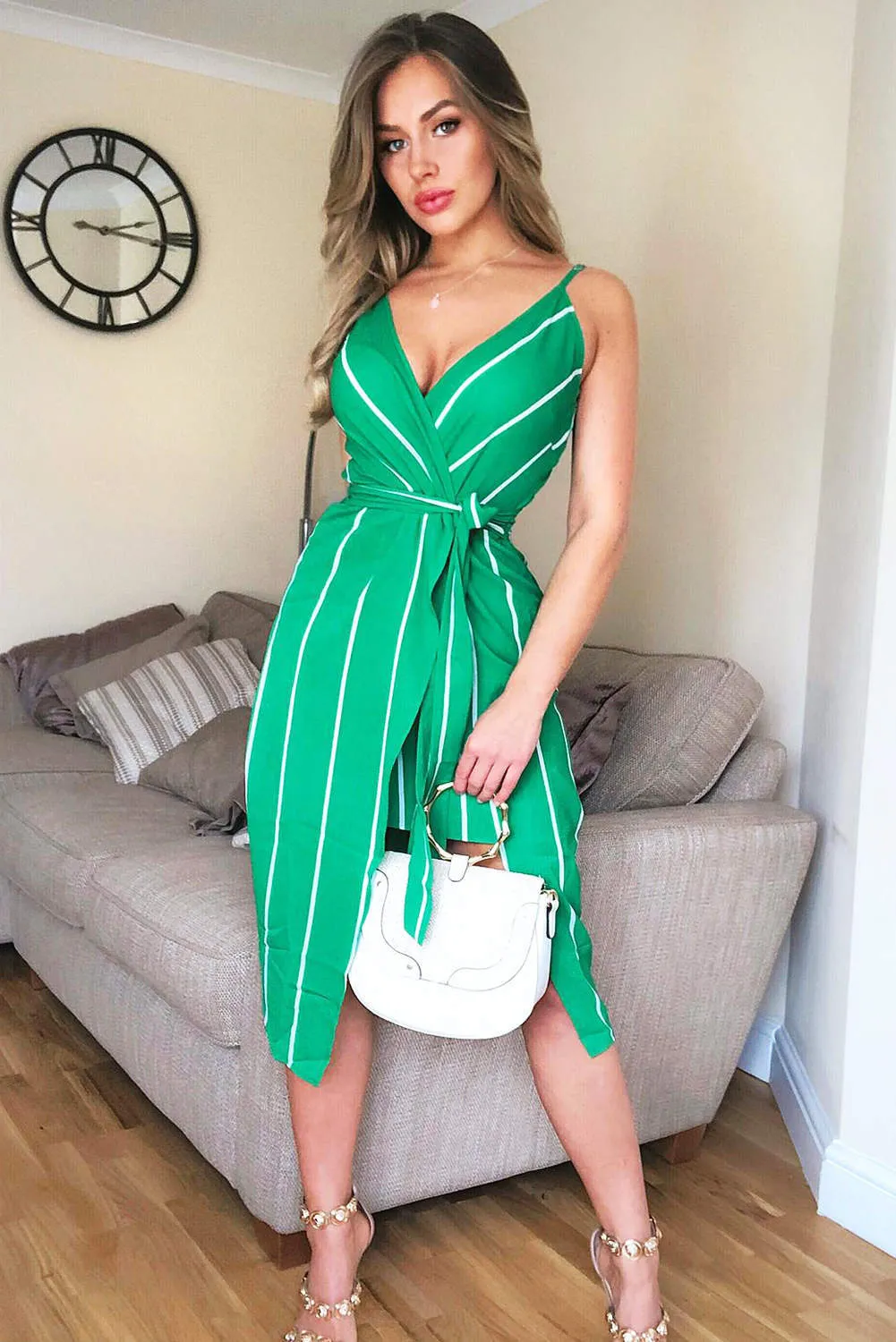 Green Pin Stripe Wrap Overlay Dress sold by AX Paris