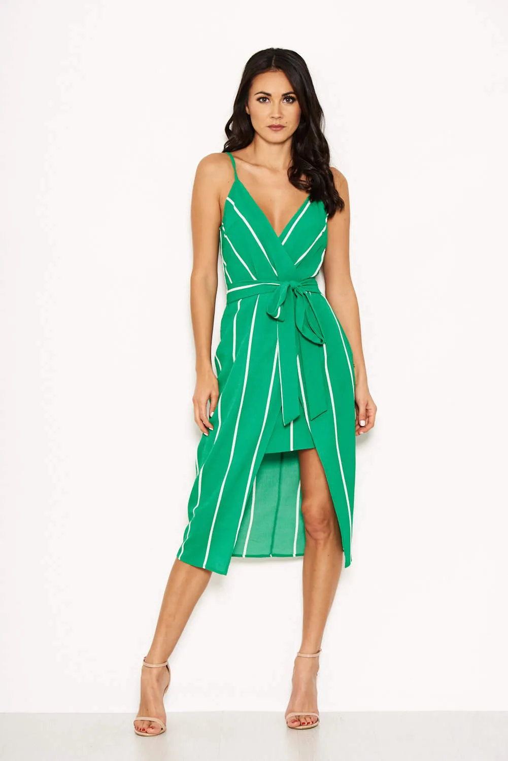 Green Pin Stripe Wrap Overlay Dress sold by AX Paris product image thumbnail 2