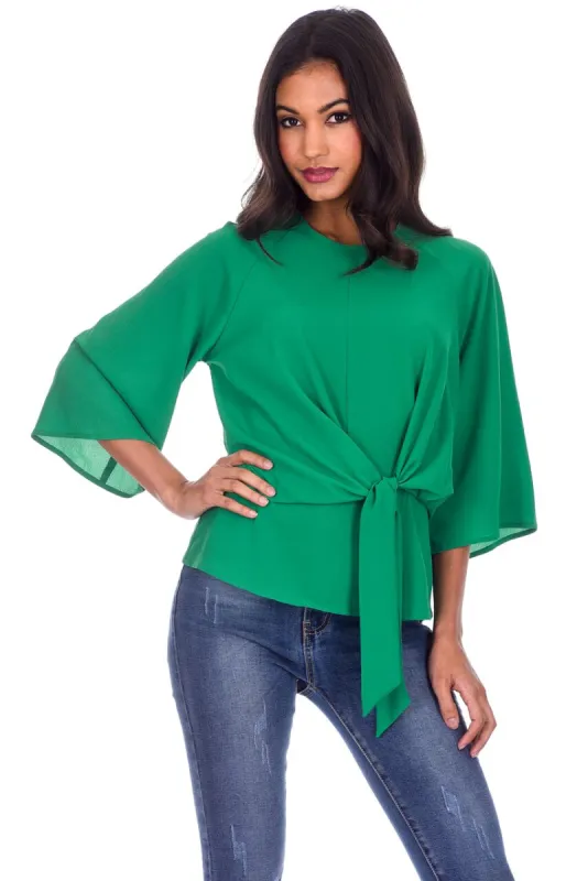 Green Tie Waist Flared Sleeve Top sold by AX Paris
