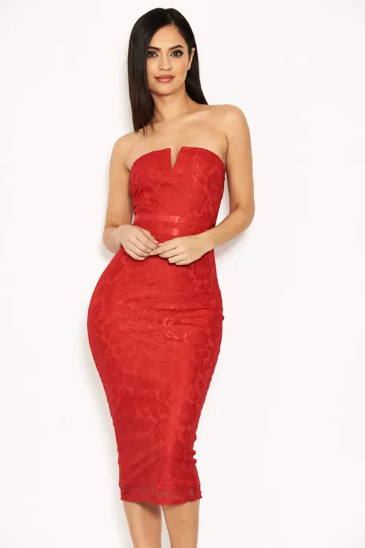Red Lace Notch Front Midi Dress sold by AX Paris