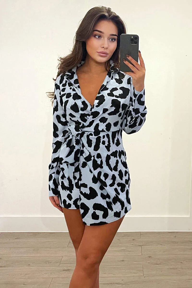 Blue Animal Print Wrap Long Sleeve Mini Dress sold by AX Paris