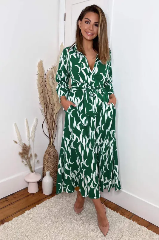 Green And White Printed Button Up Long Sleeve Midi Dress sold by AX Paris