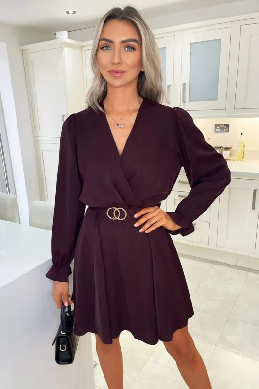 Plum Wrap Over Belted Skater Dress sold by AX Paris