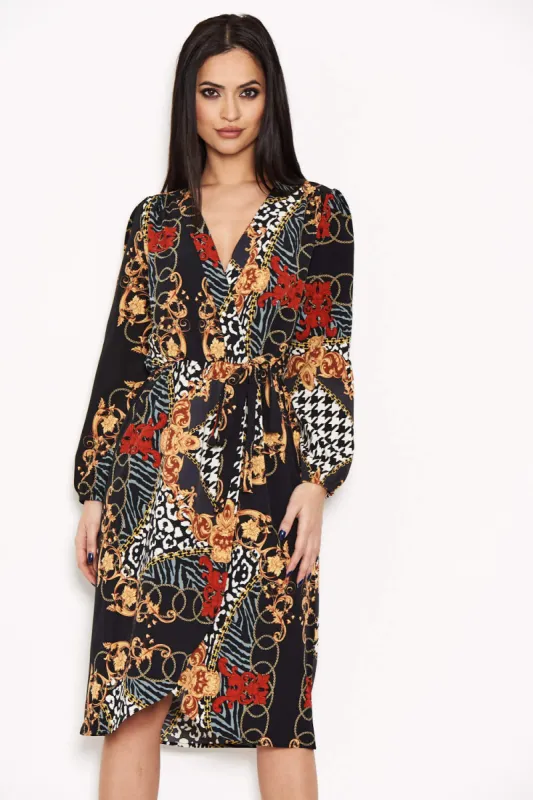 Black Printed V-Neck Wrap Dress sold by AX Paris