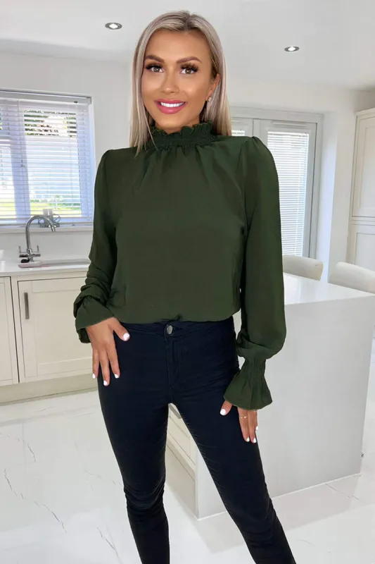 Olive Elasticated Cuff And Neck Long Sleeve Top sold by AX Paris