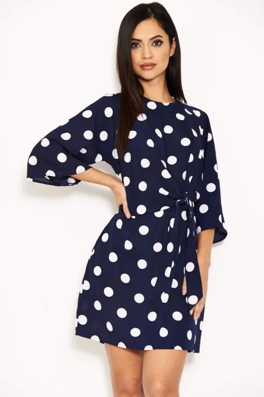 Navy Polka Dot Wrap Mini Dress With Tie Front sold by AX Paris