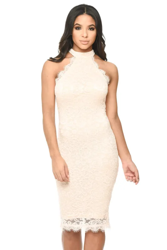Nude High Neck Lace Midi Dress sold by AX Paris