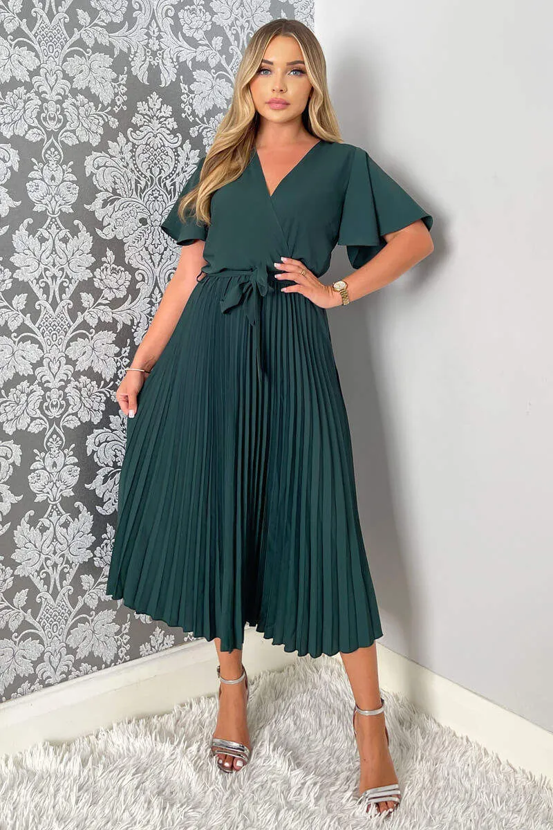 Teal Belted Pleated Skirt Midi Dress sold by AX Paris