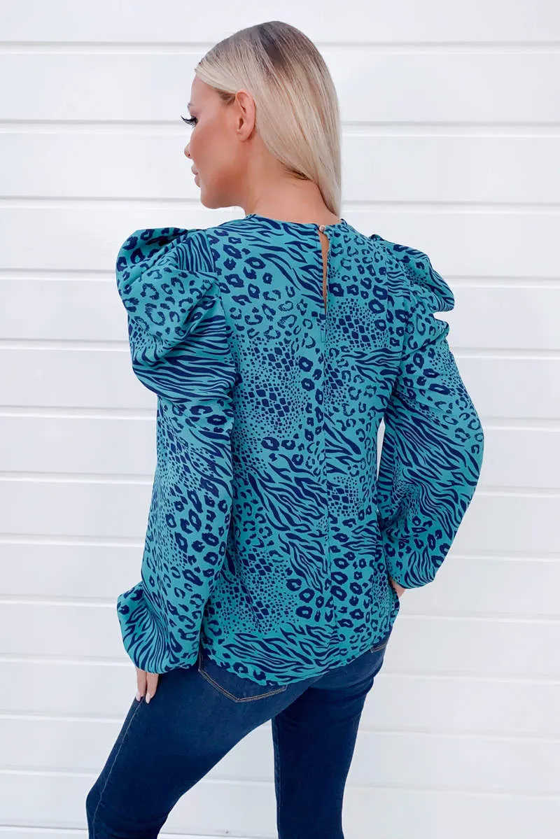 Teal Animal Print Puff Sleeve Blouse sold by AX Paris product image thumbnail 4