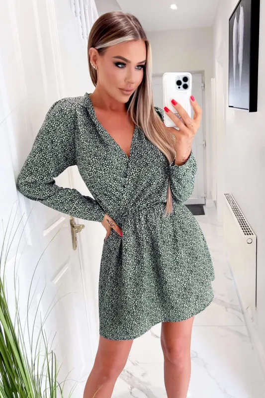 Sage And Black Printed Long Sleeve Mini Dress sold by AX Paris