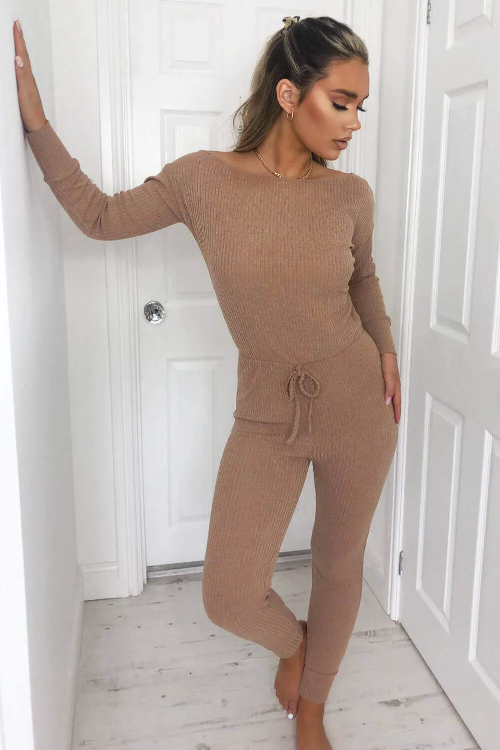 Camel Knitted Long Sleeve Jumpsuit sold by AX Paris