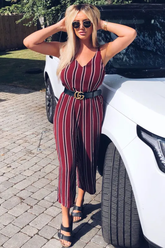 Plum Striped Tie Waist Jumpsuit sold by AX Paris