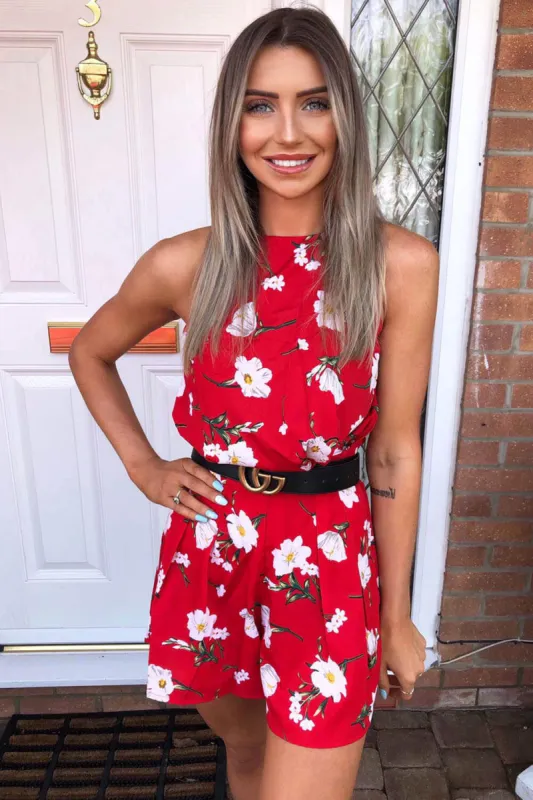 Red Floral Printed Playsuit sold by AX Paris