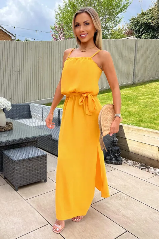 Yellow Tie Waist Strappy Split Leg Midi Dress sold by AX Paris