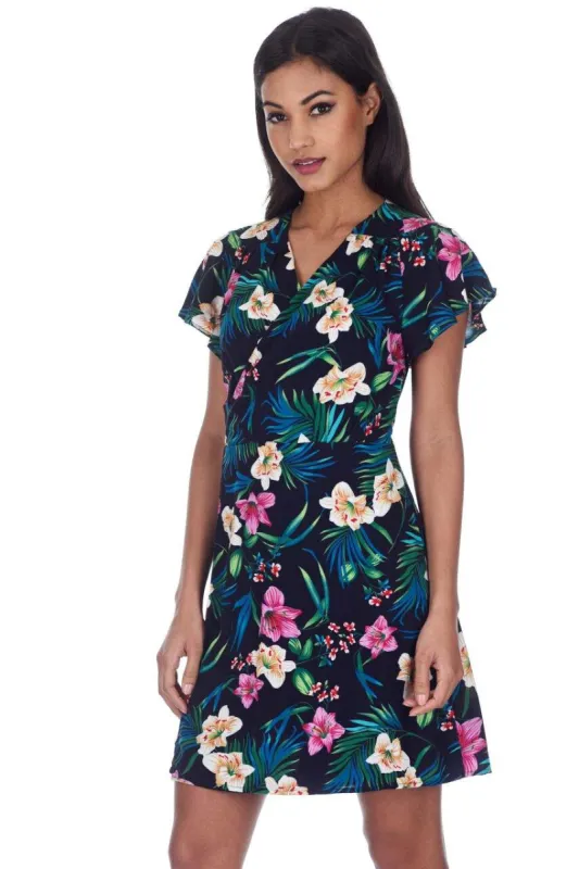Navy Floral Wrap Dress With Frill Detail sold by AX Paris