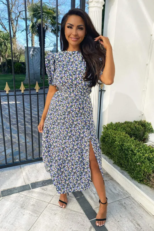 Multi Floral Pleated Sleeve Midi Dress sold by AX Paris