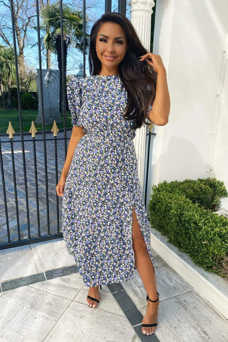 Multi Floral Pleated Sleeve Midi Dress sold by AX Paris