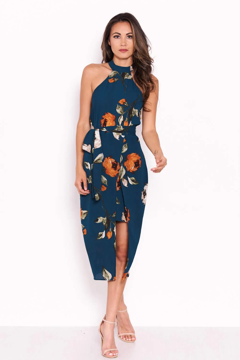 Teal Floral Midi Wrap Dress sold by AX Paris product image thumbnail 3