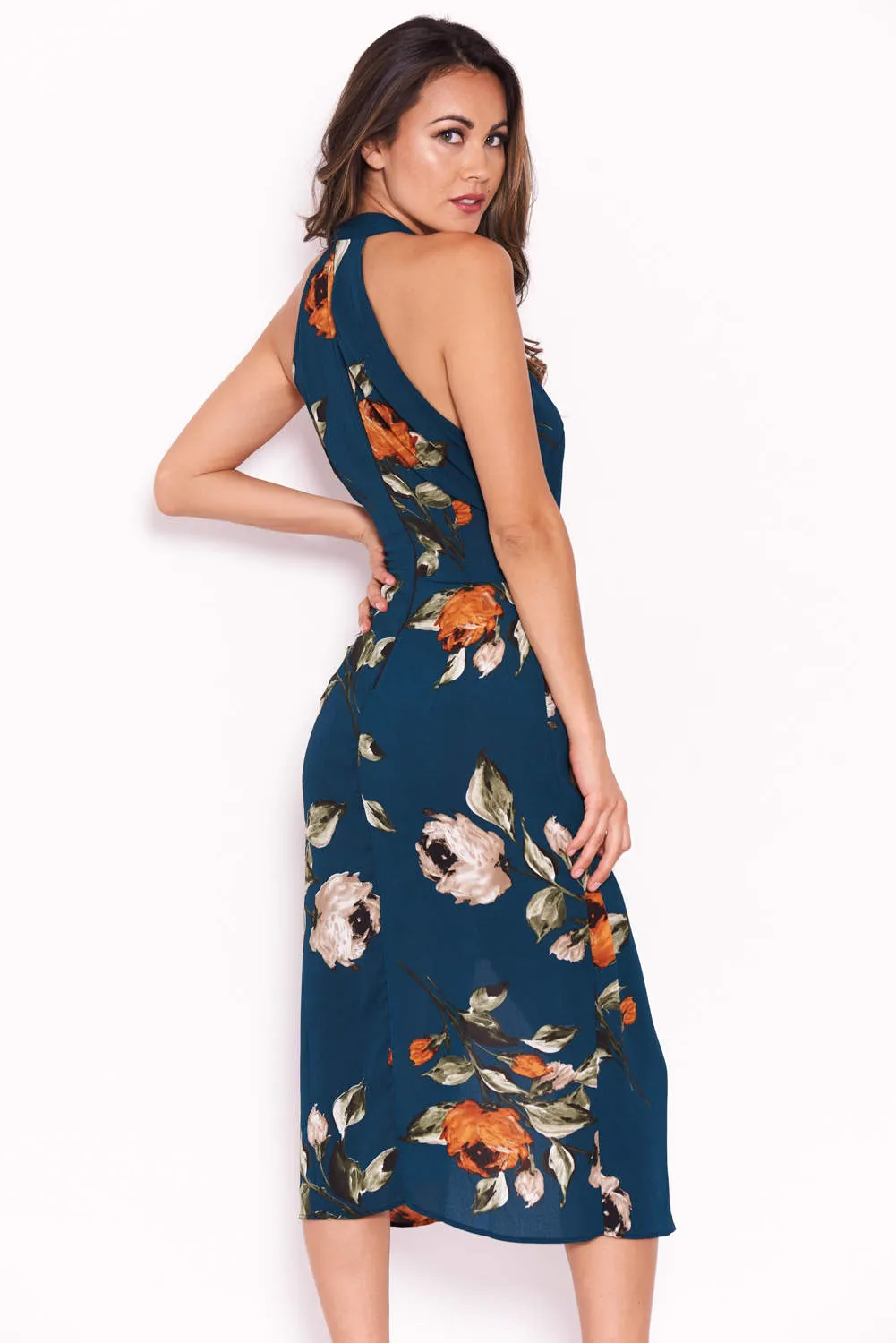 Teal Floral Midi Wrap Dress sold by AX Paris product image thumbnail 4