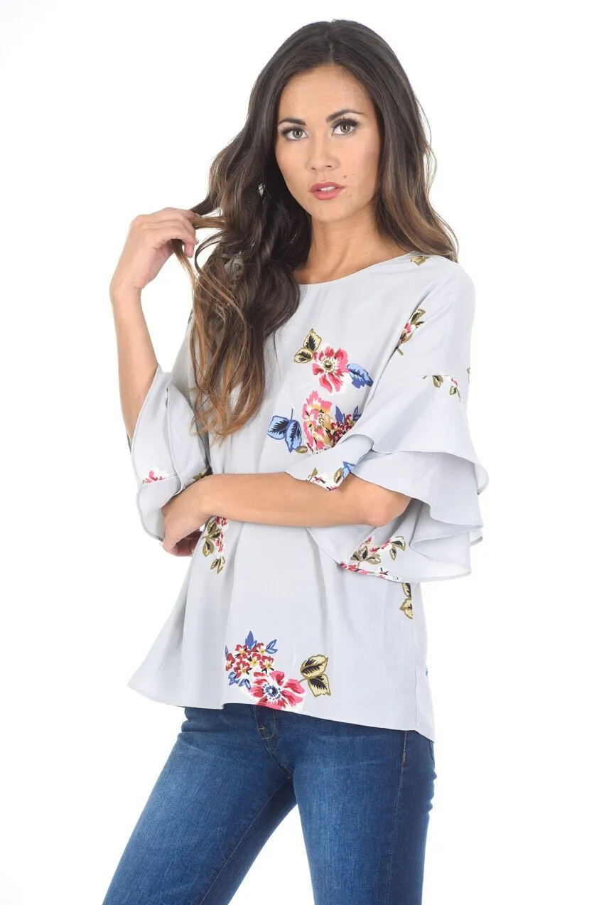 Grey Floral Frill Sleeve Top sold by AX Paris