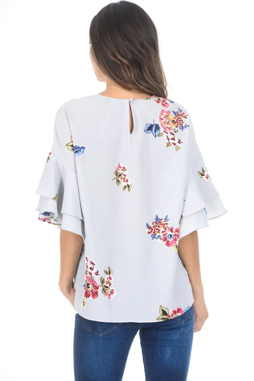 Grey Floral Frill Sleeve Top sold by AX Paris product image thumbnail 3