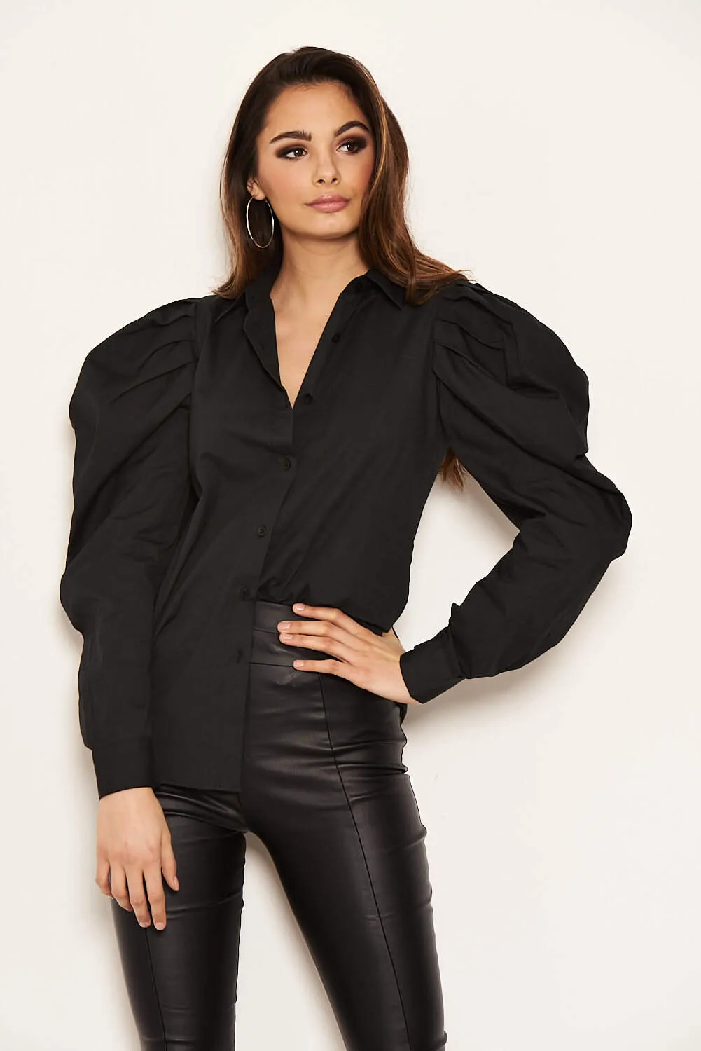 Black Poplin Puff Sleeve Shirt sold by AX Paris