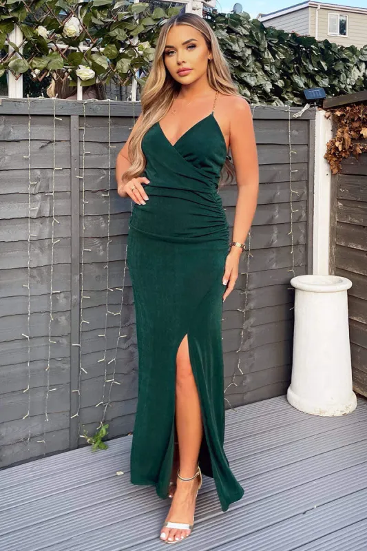 Teal Wrap Top Ruched Side Chain Strap Midi Dress sold by AX Paris