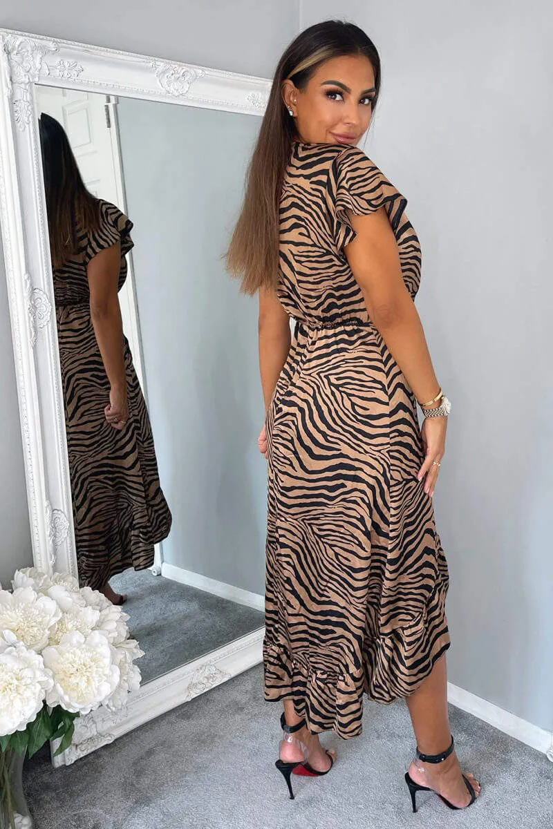 Camel Animal Print Tie Side Wrap Over Midi Dress sold by AX Paris product image thumbnail 4
