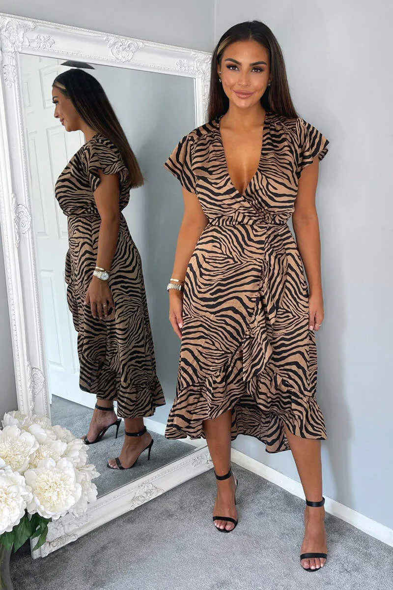 Camel Animal Print Tie Side Wrap Over Midi Dress sold by AX Paris