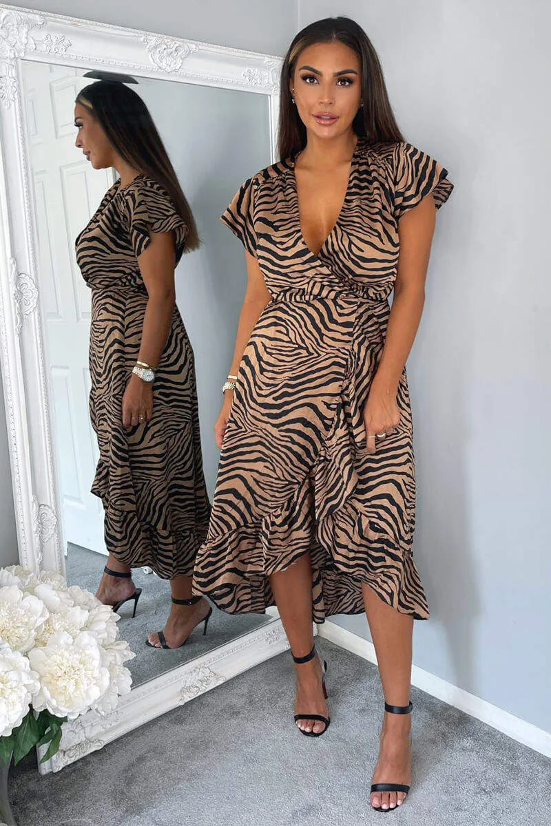 Camel Animal Print Tie Side Wrap Over Midi Dress sold by AX Paris product image thumbnail 2
