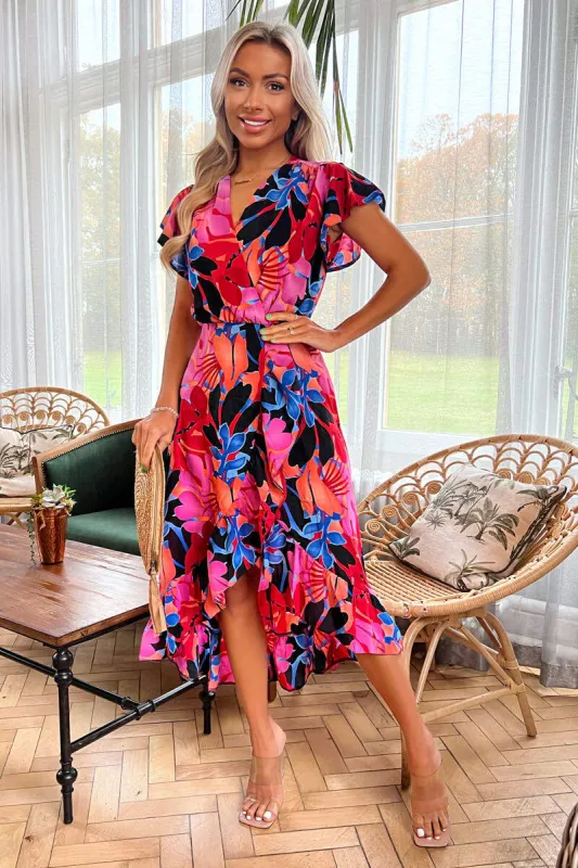 Multi Floral Printed Wrap Over Top Frill Hem Midi Dress sold by AX Paris