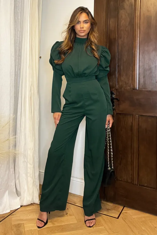 Teal High Neck Puff Sleeve Jumpsuit sold by AX Paris